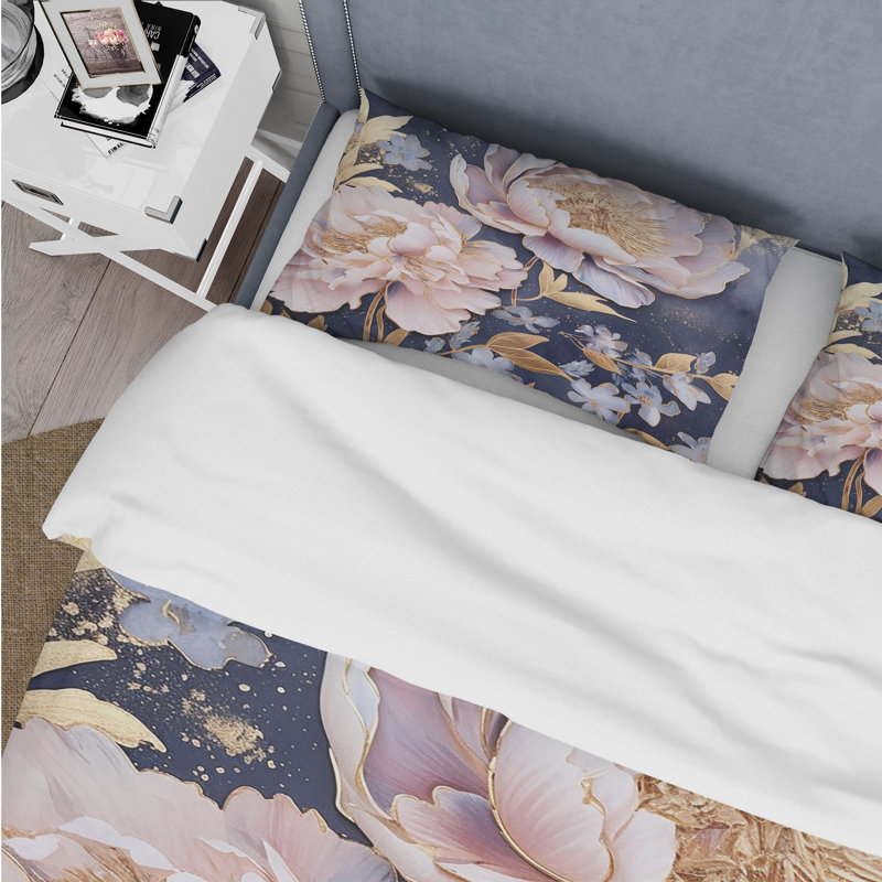 Pivoines roses rétro sur fond bleu - ensemble de housse de couette floral - microfibre de polyester
