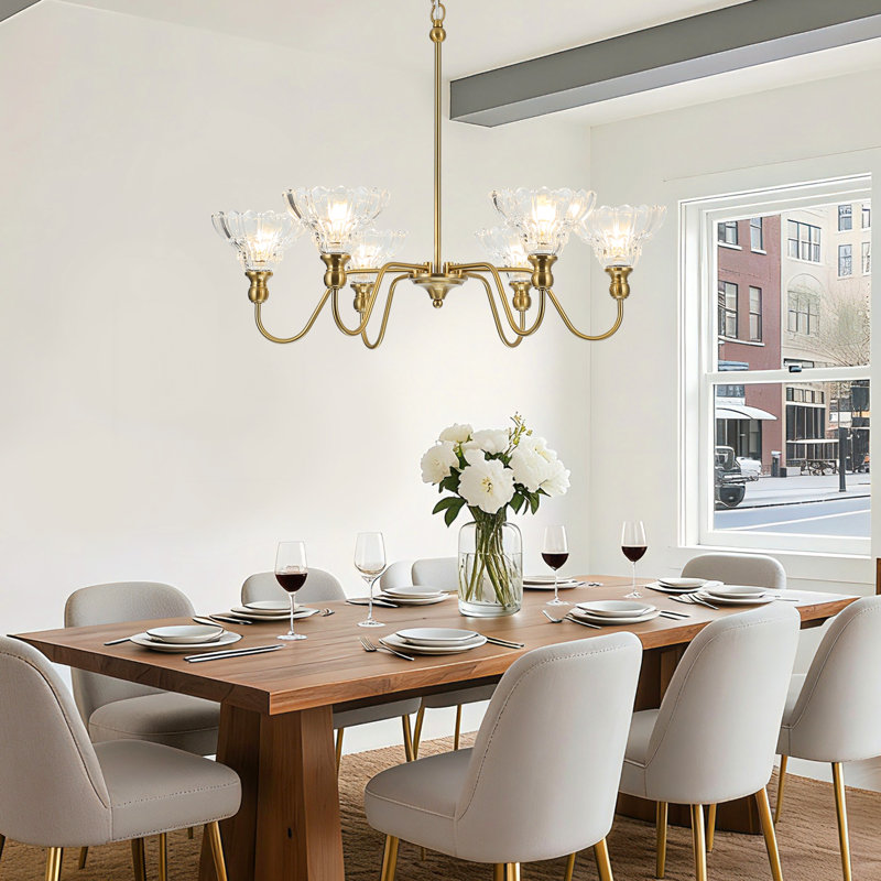 Vintage Chandelier 6-Light Pendant Lights Kitchen Island Lighting Flower Glass Shade (Bulbs Not Included), Brass