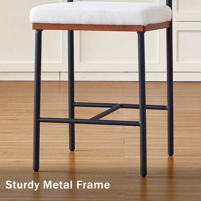 Linen Fabric Bar Stools Set of 2,26 Inch Modern Counter Height Bar Stools for Kitchen Island,Counter Stools with Wide Back Sturdy Metal Legs,White