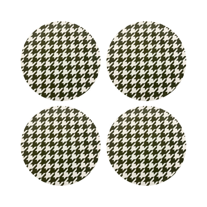 Houndstooth Black White Vegan Leather Round Coasters, Green White