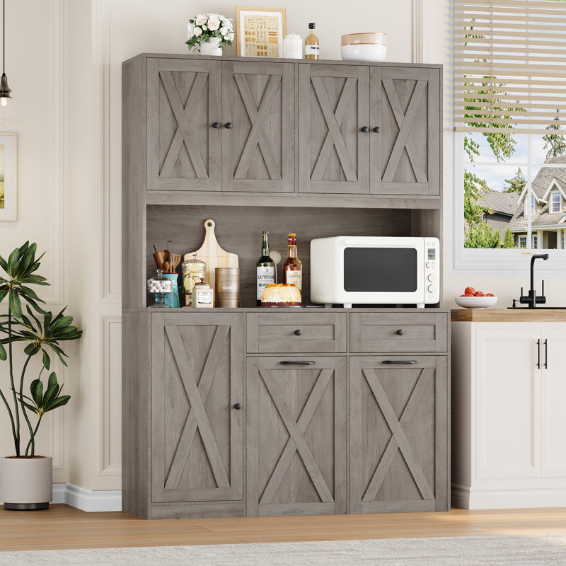 Garde-manger 70,9 po avec tablette à micro-ondes et armoire à poubelle à pousser, chien à l'épreuve des chiens, Gris
