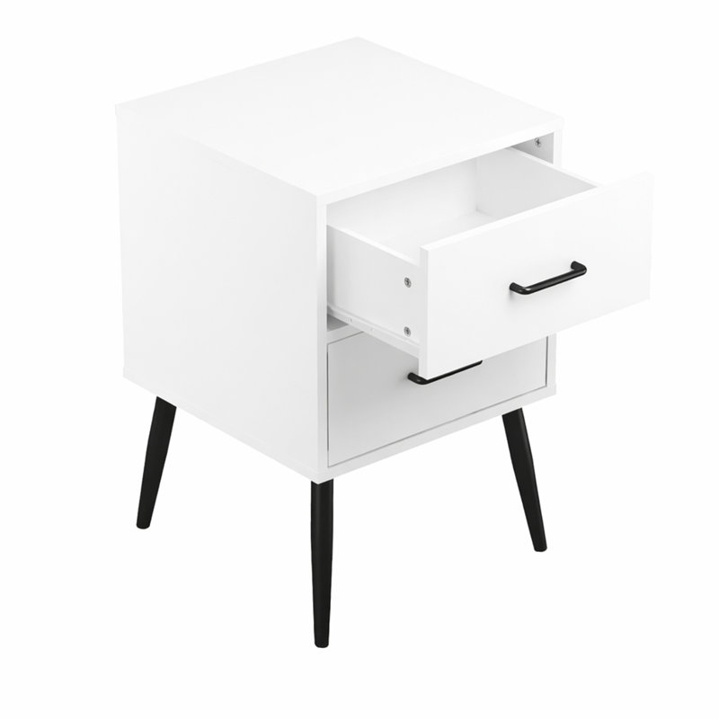 Table de chevet 2 tiroirs avec pieds et poignées en métal