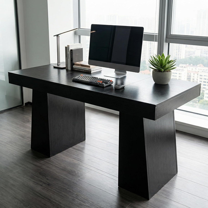 Bureau de direction 55 po Mid-Century avec double base trapézoïdale, poste de travail en bois, table d'écriture pour bureau à domicile, entreprise, noir