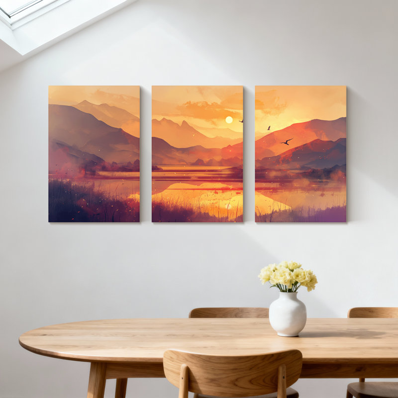 «Landscape & Nature Sunset Mountains Lake Reflection Birds Sky Gradient Colors», ensemble de 3 impressions sur toile