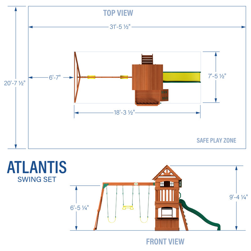 Atlantis Cedar Wood Swing Set with Green Slide and Clubhouse