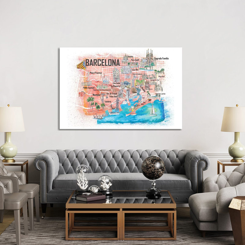 Barcelona Illustrated Travel Map With Main Roads, Landmarks And Highlights by Markus & Martina Bleichner - Wrapped Canvas Gallery-Wrapped Canvas Giclée
