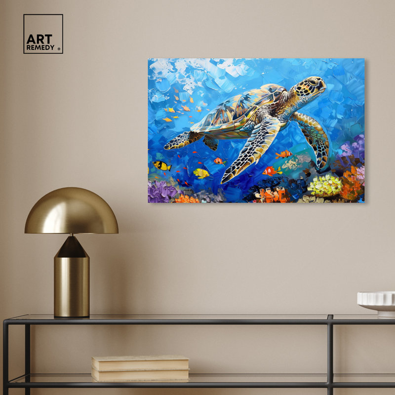 Colorful Coastal Turtle Swimming Canvas Wall Art, 24" x 16"