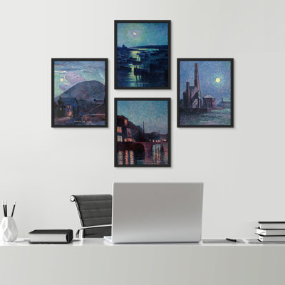 «Pastel Night Moonlight Ocean Sea Horizon Nature», reproduction d'art sur papier encadrée 4 pièces