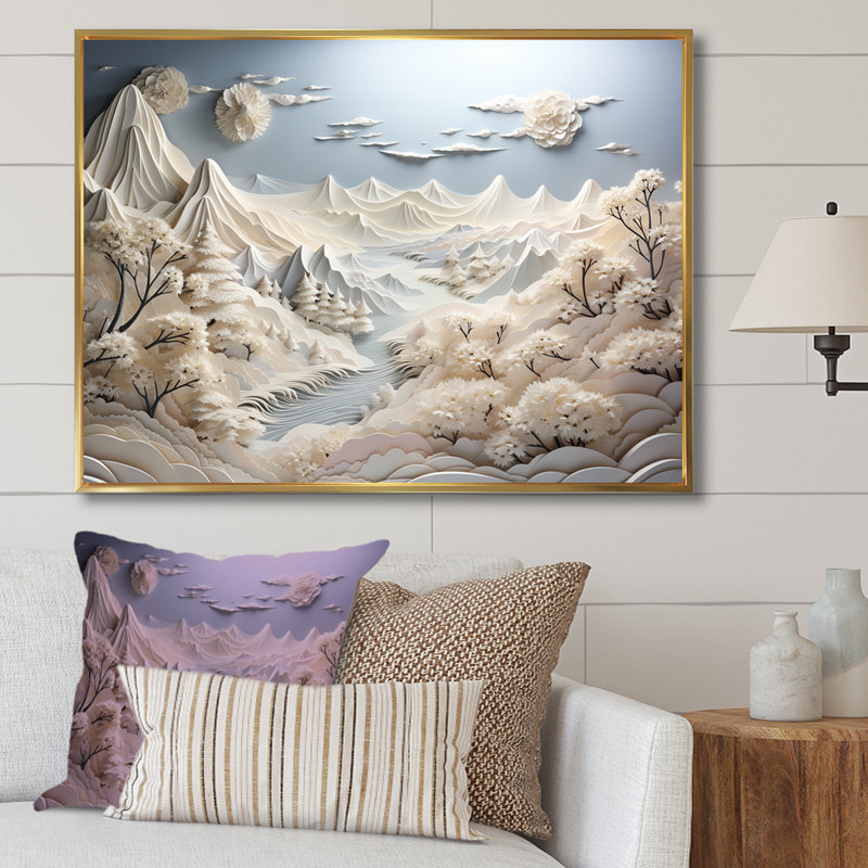 Abstrait Snowy Winter Mountains II - Paysage abstrait, art mural, Cadre flottant doré, H 24 po x l 32 po x P 1 po