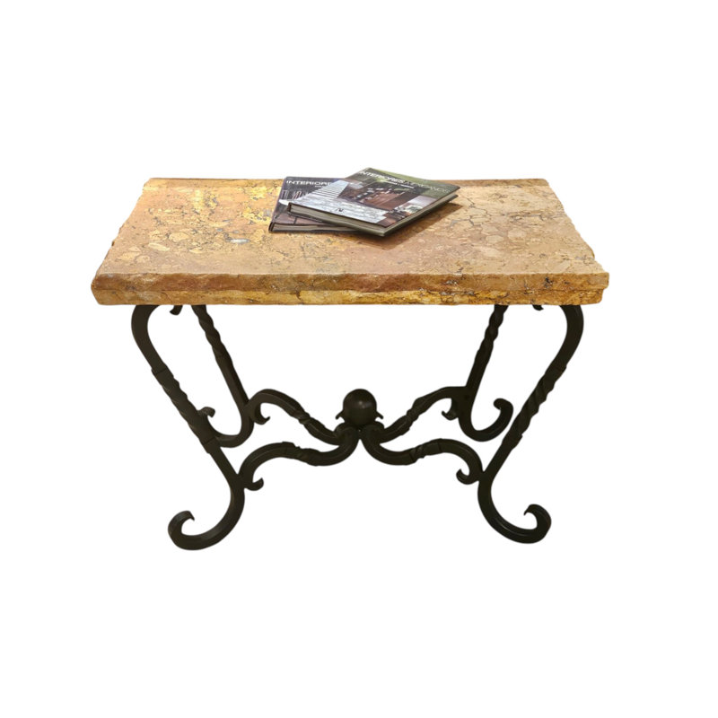 Chiseled Rectangular Peach Travertine Top Side Table: Hand-forged Iron Base - Mexports By Susana Molina