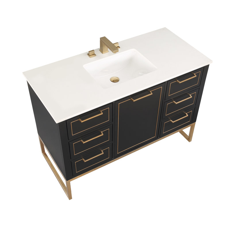 Markham 48'' W Single Vanity, Midnight Black, White Quartz, Satin Brass