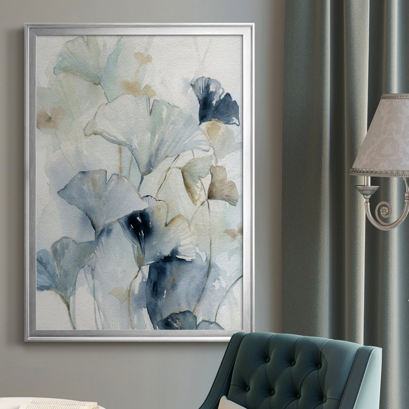 Indigo Ginkgo I - Peinture sur toile encadrée, H 36,5 po x l 26,5 po x P 1,5 po, Argent