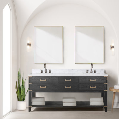 Meuble-lavabo double en chêne noir 22 po P, 72 W avec plateau en marbre scellé à la main, fermeture en douceur et 34 miroirs pour salle de bain