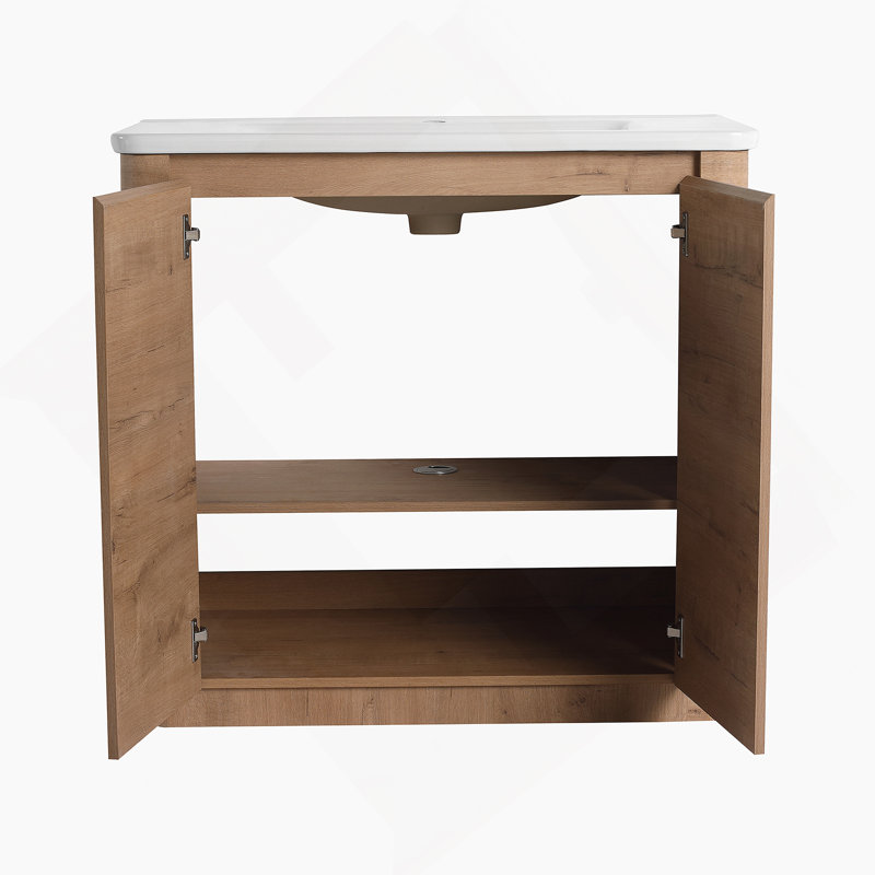 Meuble-lavabo autoportant de 36 po avec lavabo en céramique et 2 portes à fermeture en douceur et armoire latérale, emballage KD, contreplaqué