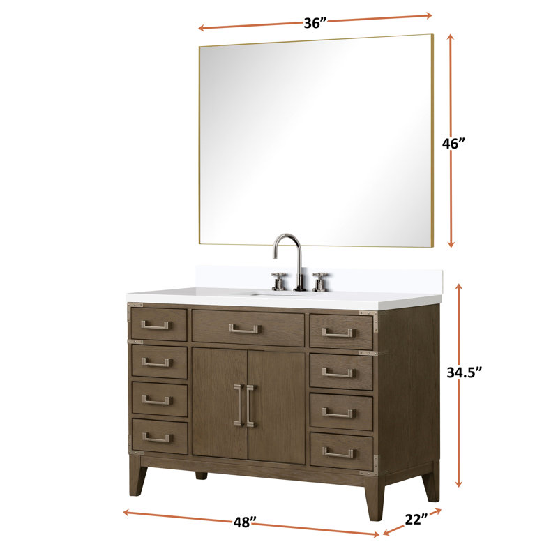 48 po M 1 meuble-lavabo avec miroir 46, conception à six tiroirs, plateau en quartz blanc et tablette ouverte, Grey