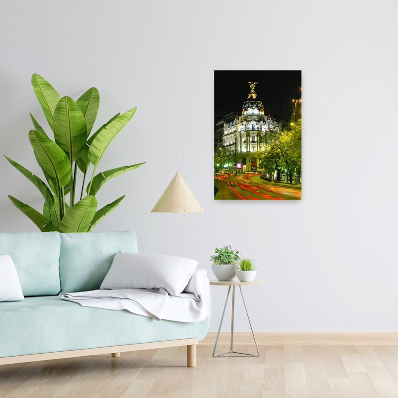 Metropolis Building at night and light trails on street Madrid Spain 1 Piece Wrapped Canvas Wall Art, 60.96 cm H x 40.64 cm W