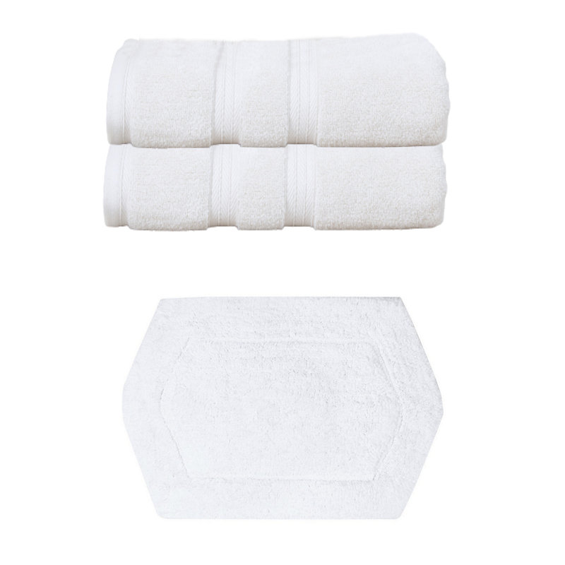 Ensemble de serviettes de bain 100% coton doux 2 pièces Bryd Collection et 1 tapis de bain 17x24 ", (ensemble de 3), Blanc