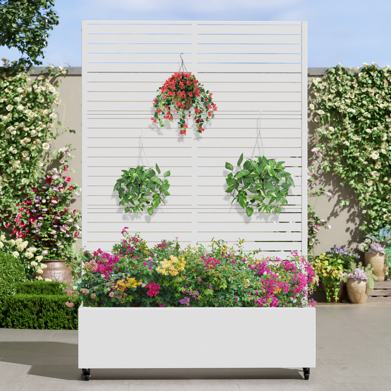 Lit de jardin en métal avec treillis et roues, Blanc, H 72 po x l 47 po x P 16 po