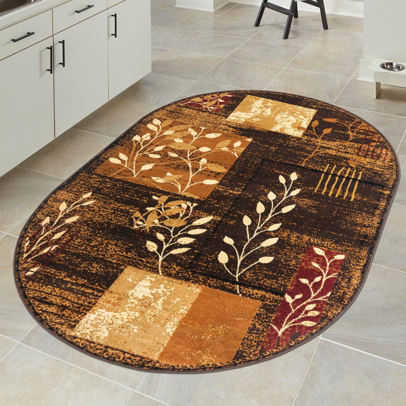 Tapis floral brun / jaune en polypropylène tissé à la machine Mehtap, Ovale 5 pi 3 po x 8 pi
