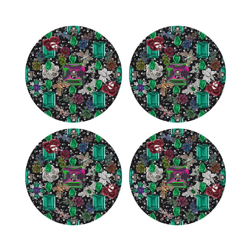 Jewel Box Emeralds Skulls Vegan Leather Round Pebble Placemat