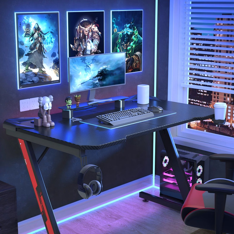 Heidrick Carbon Fiber Surface Z-Shaped Leg PC Gaming Desk with Headphone Hook and Cup Holder, 29.3" H x 44" W x 23.6" D