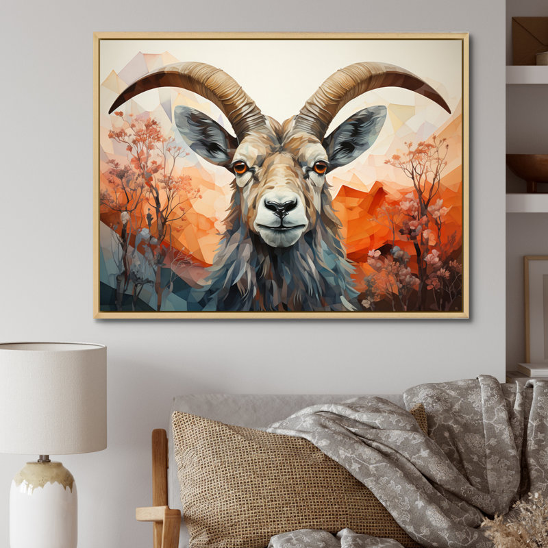 Goat Mountain Explorer géométrique - Chèvre, art mural, H 24 po x l 32 po x P 1 po, Cadre naturel flottant