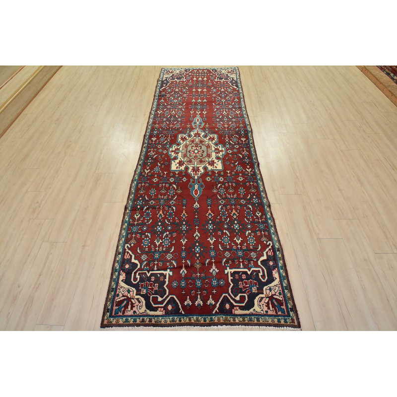 Tapis rouge rétro en laine noué à la main 3 pi 11 po x 11 pi Tribal