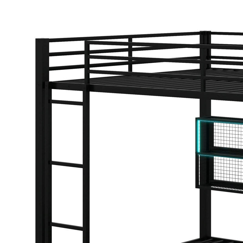 Metal Queen Over Queen Bunk Bed With Storage Cabinets And LED