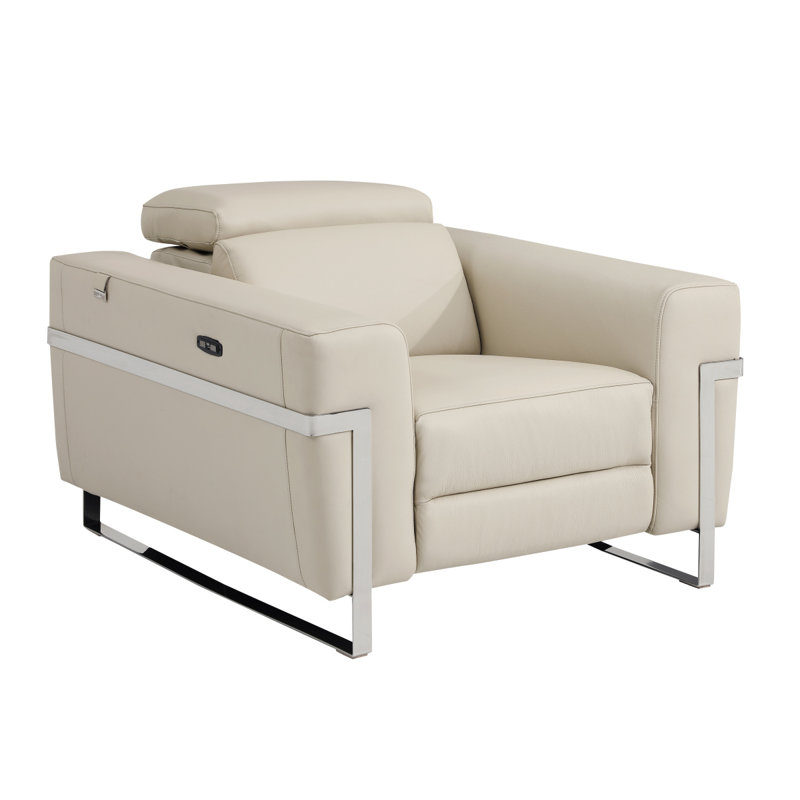Global United Top Grain Italian Leather Chair With Power Recliner, Beige