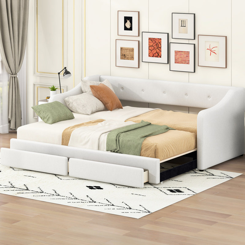 Lit de jour rembourré beige TG avec très grand lit avec tiroirs, tiroirs à boutons et surfaces arrières, siège confortable avec rangement, lattes en bois
