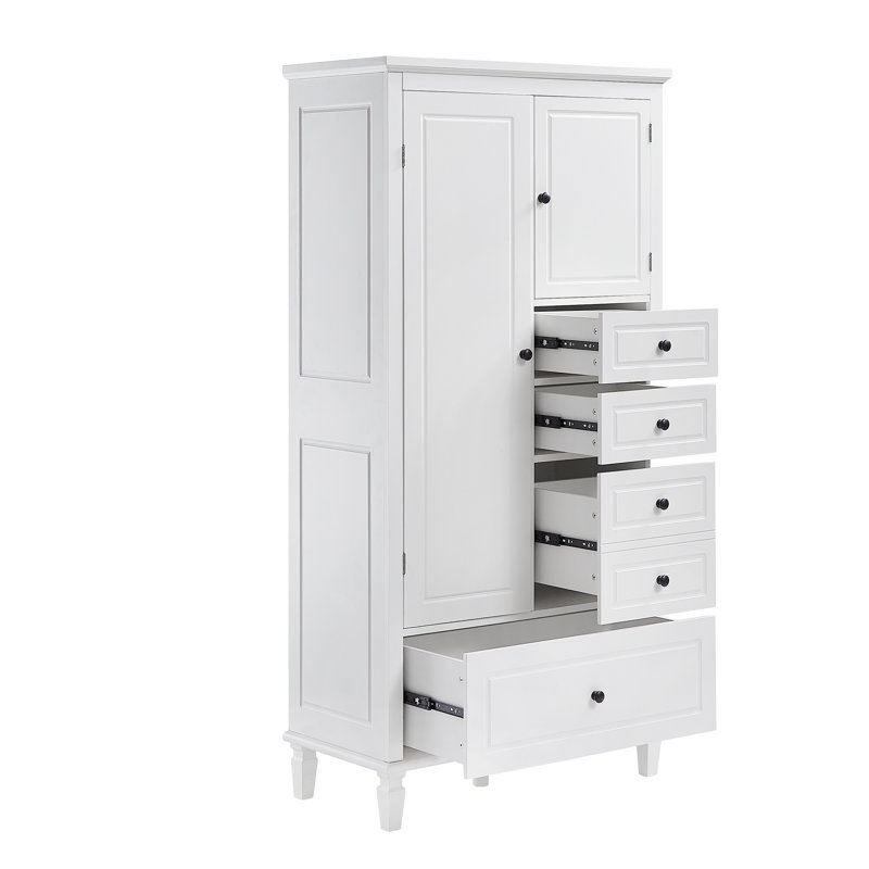 Armoire de rangement haute et large avec portes pour salle de bain / bureau / salon / intérieur, quatre tiroirs de différentes tailles, tablettes réglables, rangement pour salle de bain