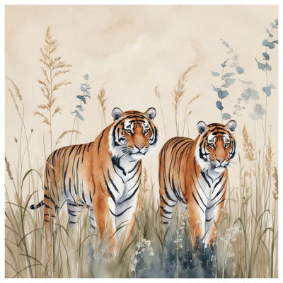 Two Tigers In Grass Double Sided Throw Pillows