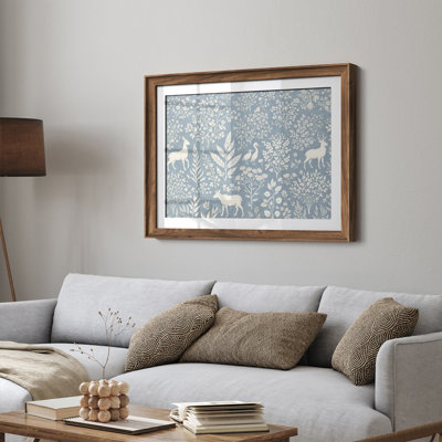 Blue Botanical Wildlife Pattern with Deer and Birds Vintage Nature Framed Wall Art 26"x36"