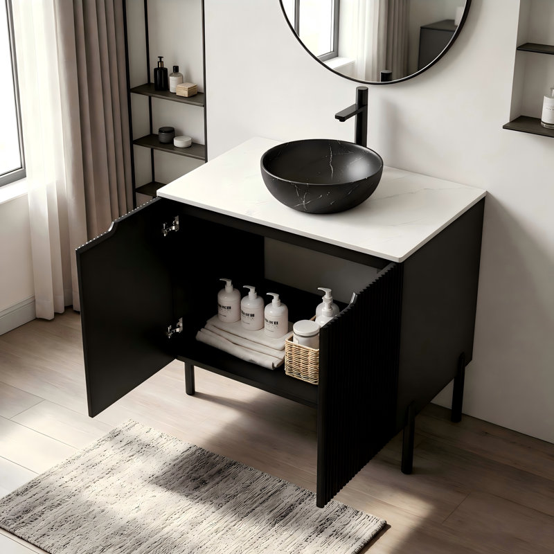 Meuble-lavabo simple 30 po avec comptoir en pierre frittée Carrara et lavabo, Céramique noire, Forme de la cuvette, 30"W