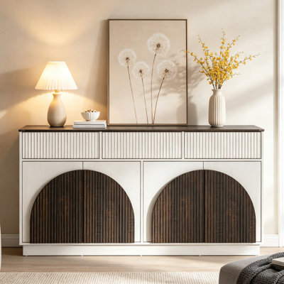 65"W Fluted Sideboard Buffet Cabinet With Storage, Arched Storage Cabinet With Adjustable Shelves and Drawers, Wooden Modular Coffee Bar, Modern Console Table For Living Room, Kitchen, Dining Room, Entryway