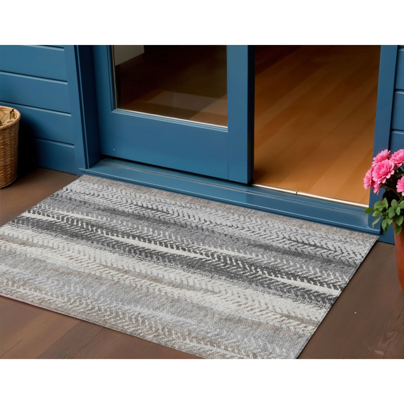 3' X 5' Khaki Ivory And Gray Botanical Leaves Washable Indoor Outdoor Area Rug