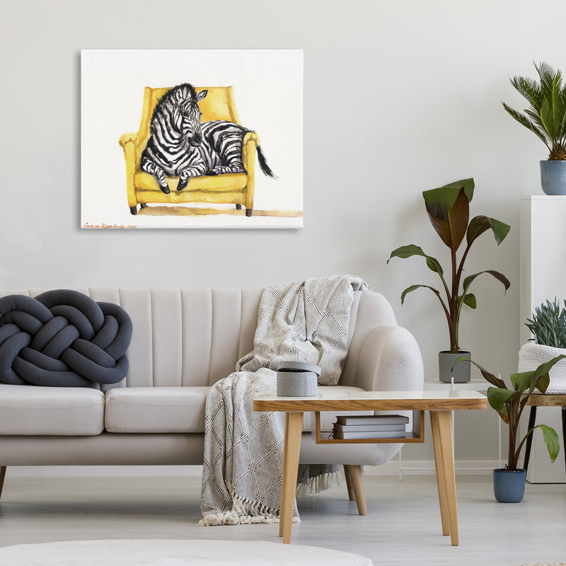 Mignon zèbre sur toile jaune, par George Dyachenko, H 24 po x l 30 po