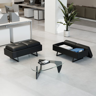 2-Seat Waiting Room Bench - PU Leather Office Waiting Room Chairs Bench with Storage, Waiting Room Furniture, Modern Entryway Bench with Thickened Cushion for Office Barber Store Nail Salon, Black