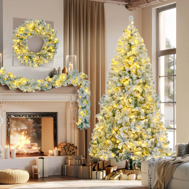 Arbre de Noël enneigé 6 pi, ensemble illuminé avec arbre, guirlande et couronne
