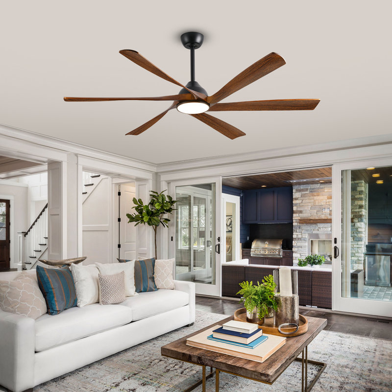Smart Modern 6 Blade Solid Wood Ceiling Fan With Remote Control, Reversible Dc Motor & Dimmable Led Light, Black, Brown