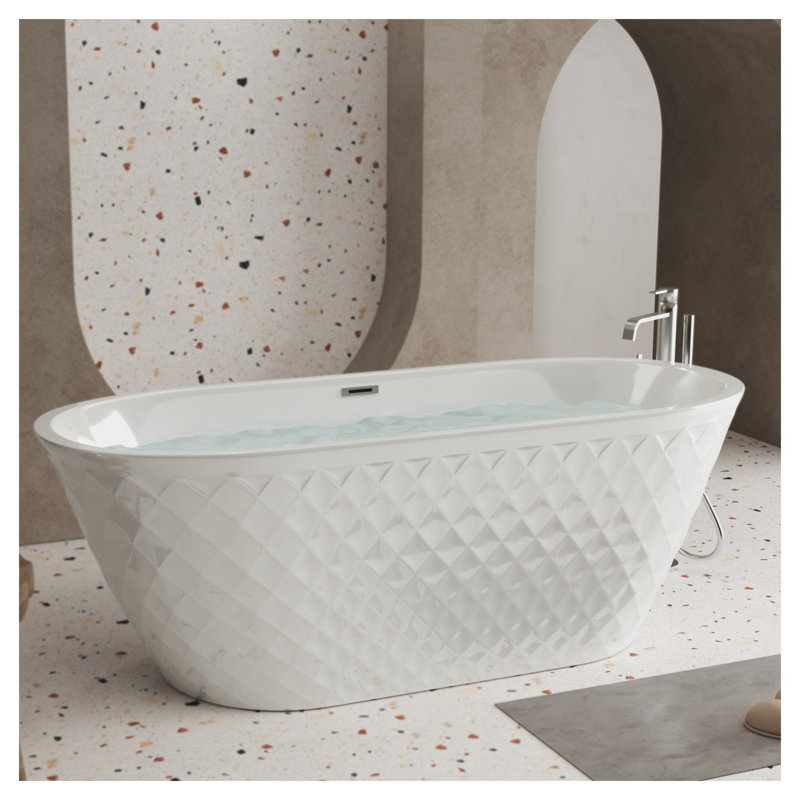 Baignoire de trempage autoportante en acrylique de 59 pouces avec motif de losanges, baignoire ovale blanc brillant pour salle de bain
