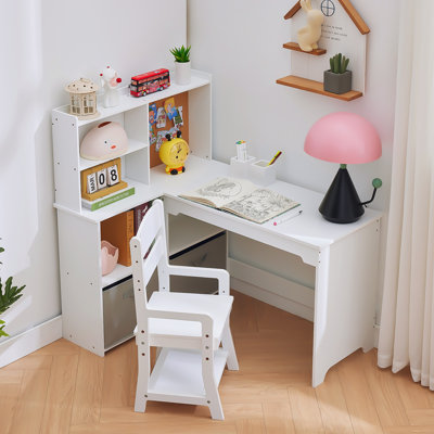 Kids Corner Desk And Chair Set – Study Table With Bookshelf, Cloth Drawer, And Bulletin Board, Mdf Wood, For Ages 3–8