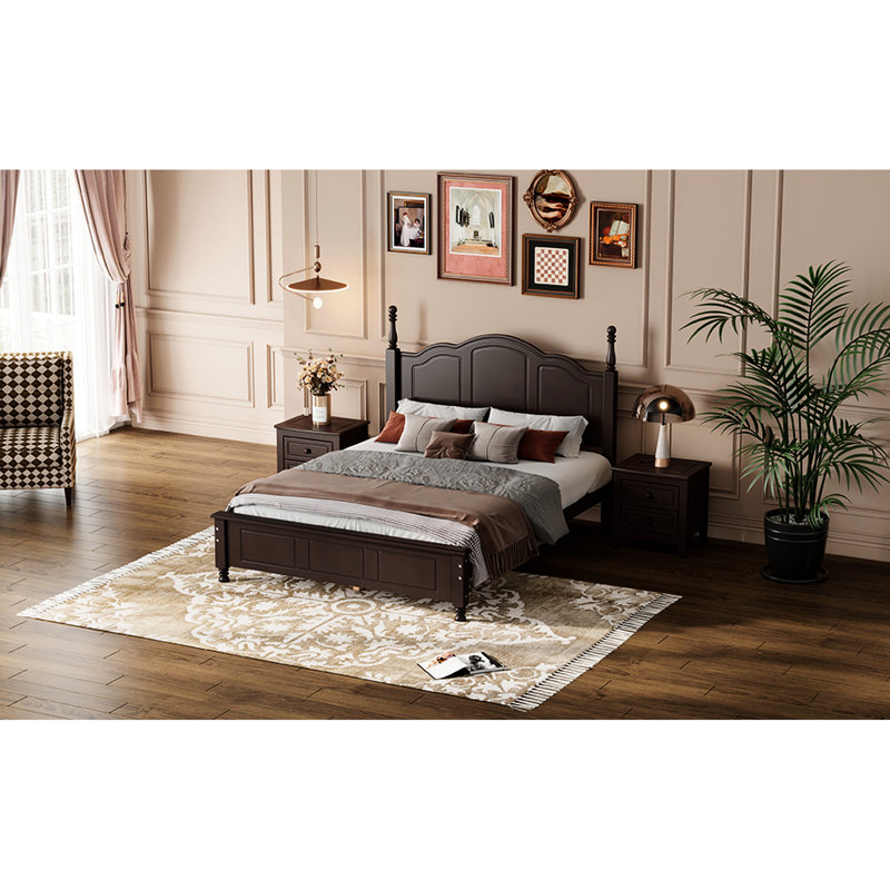 Structure de lit double en noyer foncé avec style rétro et support robuste en lattes de bois massif