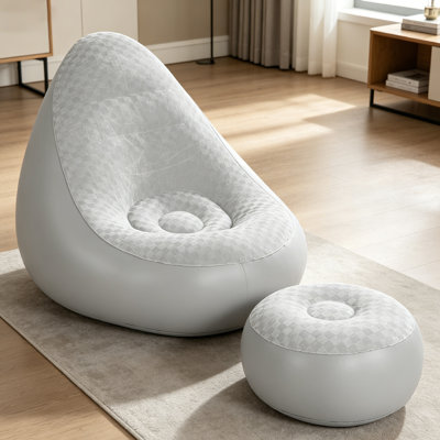 Accent Chair, Inflatable Lounge With Footstool PVC Flocking Water Proof Folding Blow Up Couch Inflatable Sofa Chair For Home Camping Grey