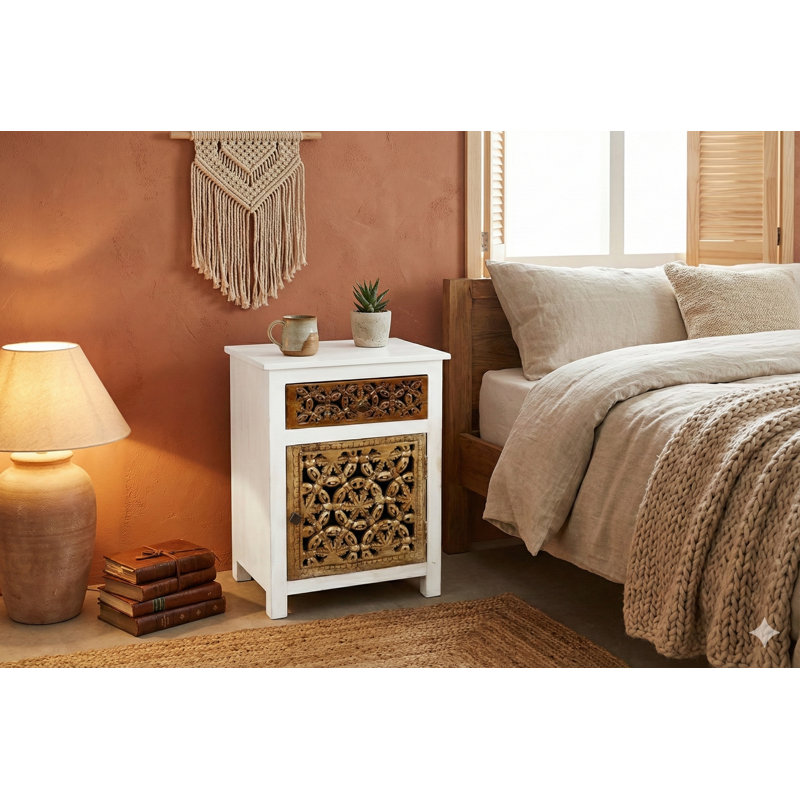 Solid Hardwood 30" Side Table with Drawer – Hand-Carved Floral Nightstand with Open Shelf for Living Room or Bedroom Boho Décor