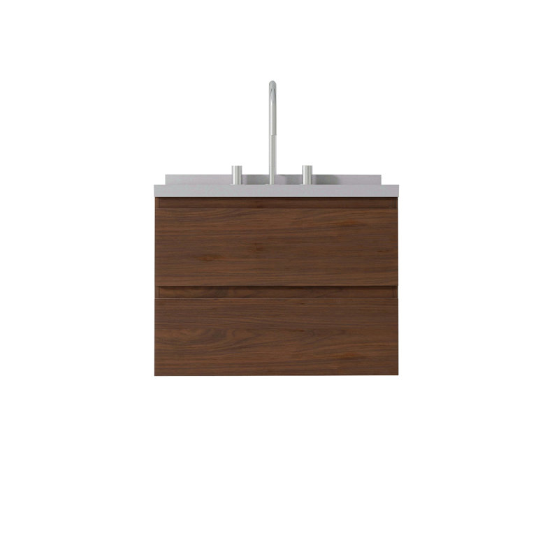 Meuble-lavabo suspendu de 61 cm avec lavabo, tiroir à fermeture amortie, lavabo en marbre reconstitué de 5 cm avec dosseret, contreplaqué, brun