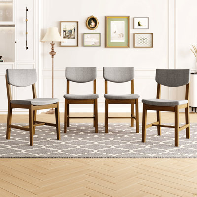 Chaise de salle à manger rustique 4 pièces - Structure en bois massif avec coussin en tissu gris, chaise d'appoint rembourrée pour la cuisine, la salle à manger, le salon, noyer