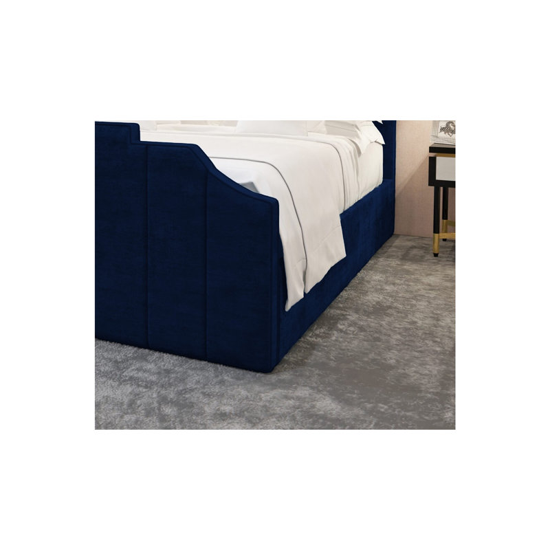 Annalei Regal Velvet Upholstered Bed Frame - Shaped Headboard, Chrome Feet, Double (4'6), Navy
