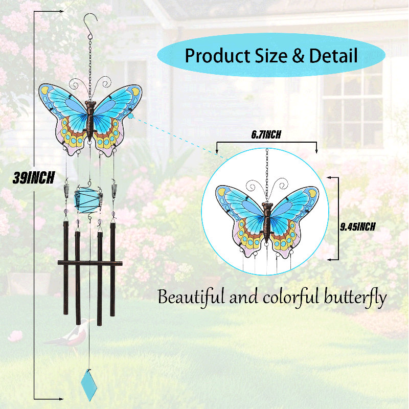 Carillons extérieurs, carillons métalliques, carillon papillon bleu, étiquette bleue, convient aux pelouses de jardin de cour
