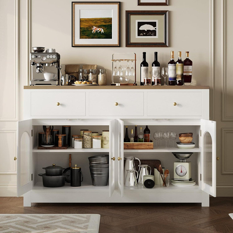 55" Modern Buffet Cabinet with Arched Acrylic Fluted Doors & 3 Drawers, Sideboard Coffee Bar with Adjustable Shelves for Dining Room, Living Room, Kitchen